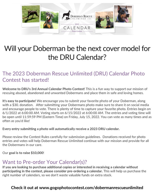 Cover photo for 'Will Your Doberman be the Next Cover Model for the DRU Calendar" event post.